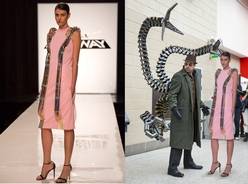 Left: Futuristic tube dress “winner” by Project Runway Season 13 loser, Sandhya Garg. Right: See it in a room!